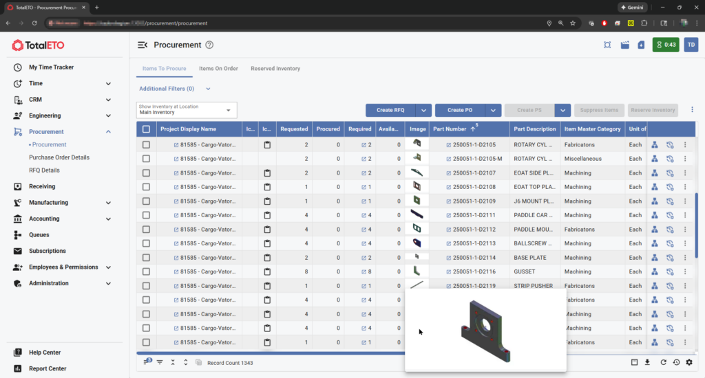 Total ETO procurement screenshot, demonstrating improved efficiency when integrating your MRP with SOLIDWORKS or other CAD options.