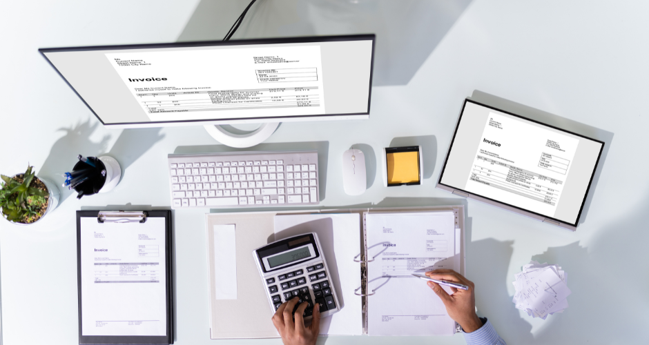 An accountant matching AP invoices against received goods by supplier. Accounting features like this are important for ETO manufacturers